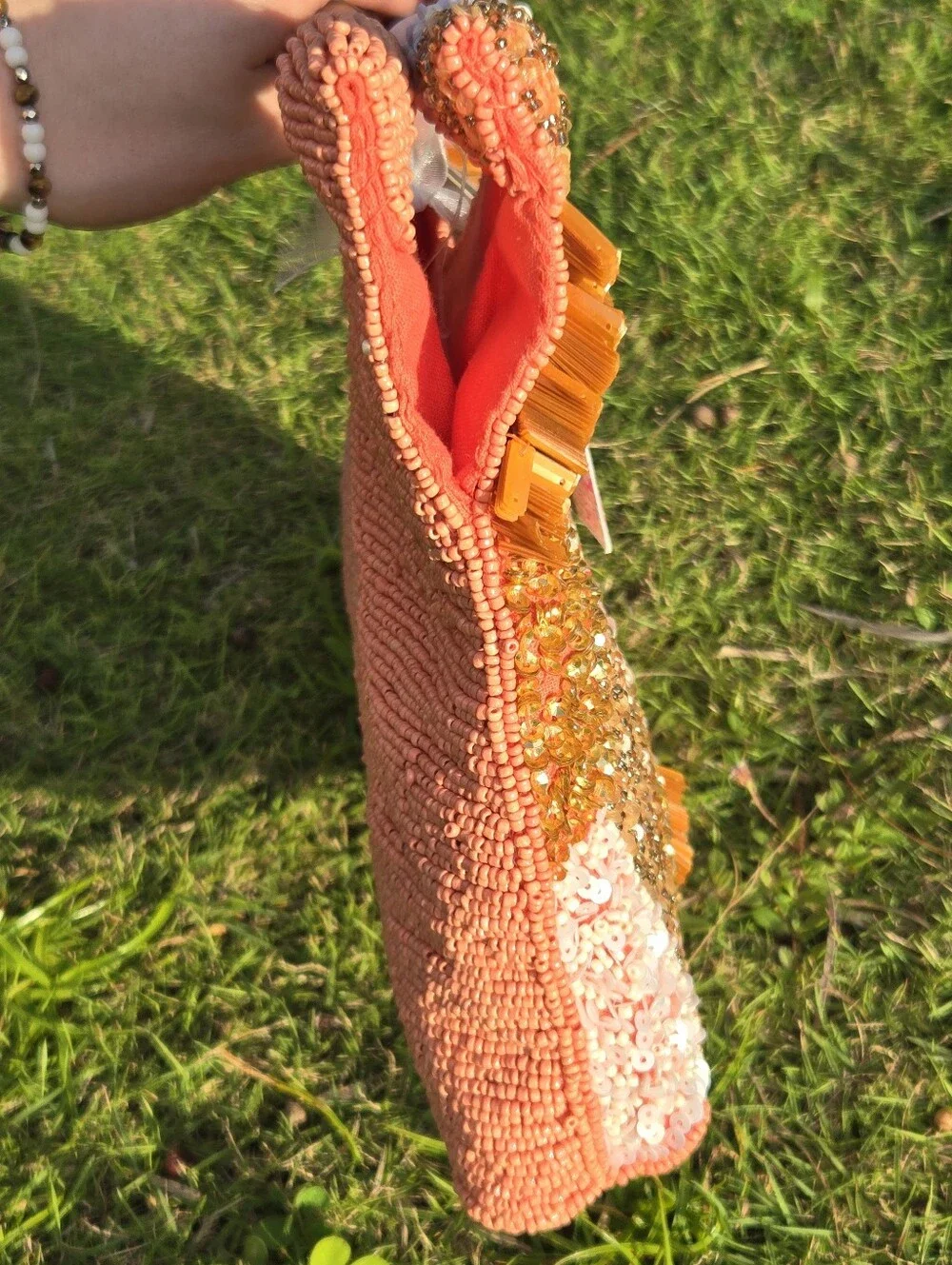 🧡 Viral Handmade Beaded Boho Clutch- Coral Pink & Bronze with Bamboo Handle